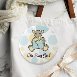 パステルブルーとイエローのテディベアの子供の誕生日 缶バッジ