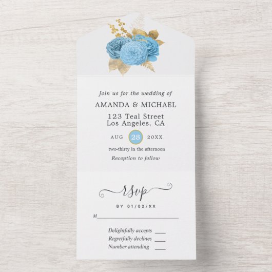パステルブルーとゴールドの花柄 ウェディングオールインワン招待状 オールインワン招待状 (内側)