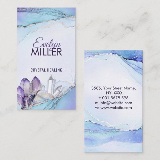 パステルブルーとパープルの水彩治癒結晶 名刺 (正面/裏面)
