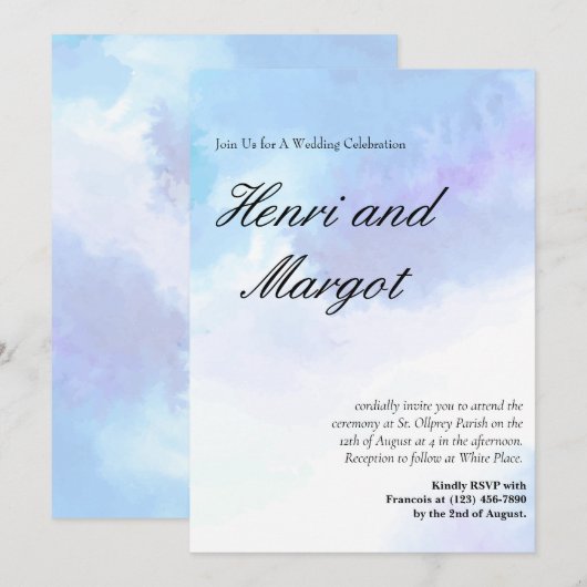 パステルブルーとパープルの水彩 フローリー スクリプトスタイル 招待状 (正面/裏面)