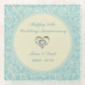 パステルブルーとベージュのダマスク。創立50周年 ガラスコースター (正面)