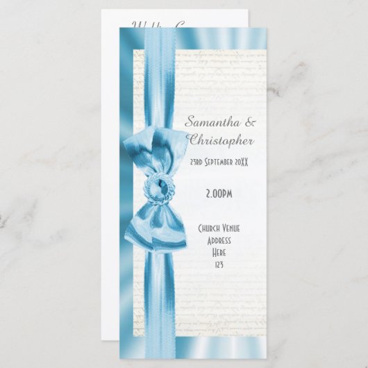 パステルブルーとホワイトボウ教会の結婚式プログラム プログラム (正面/裏面)