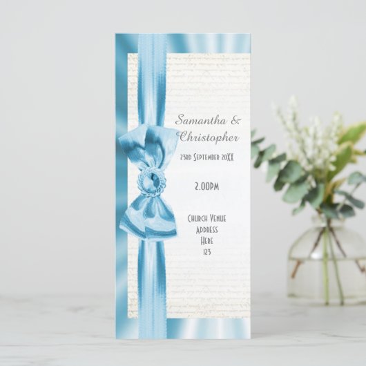 パステルブルーとホワイトボウ教会の結婚式プログラム プログラム (スタンド正面)