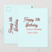 パステルブルーとレッドのハッピー16歳の誕生日名前と日付のエレガント ポストカード (正面/裏面)