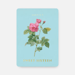 パステルブルーと金ゴールドスウィート16誕生日フローラ 箔招待状