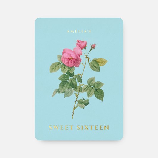 パステルブルーと金ゴールドスウィート16誕生日フローラ 箔招待状
