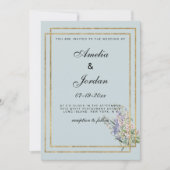 パステルブルーと金ゴールドラベンダーピンク結婚フローラ 招待状 (正面)