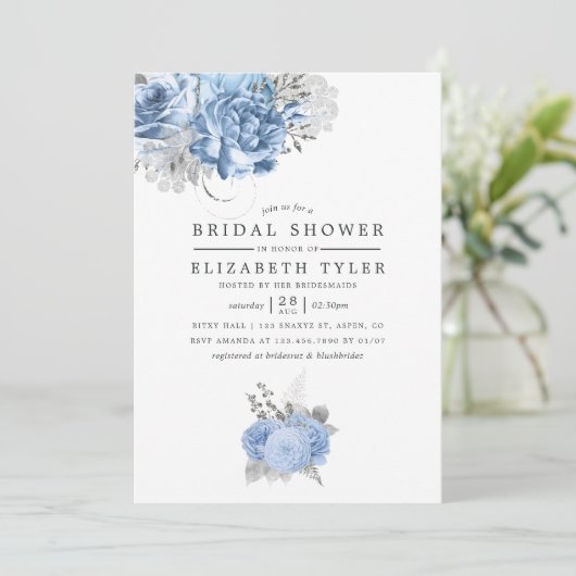 パステルブルーと金ゴールドヴィンテージバラブライダルシャワー 招待状 (スタンド正面)