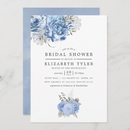 パステルブルーと金ゴールドヴィンテージバラブライダルシャワー 招待状 (正面/裏面)