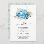 パステルブルーと金ゴールド結婚フローラの更新 招待状 (正面/裏面)