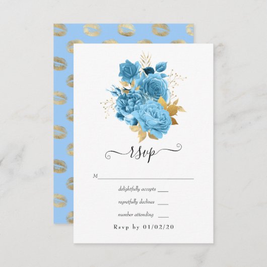 パステルブルーと金ゴールド結婚フローラ 出欠カード (正面/裏面)