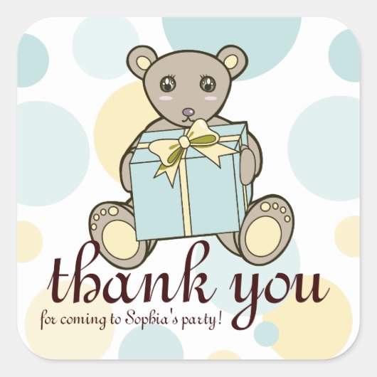 パステルブルーと黄色かわいいテディベアありがとう スクエアシール (正面)