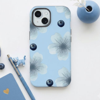 パステルブルーのお花とブルーベリーのiPhoneケース iPhone 15ケース