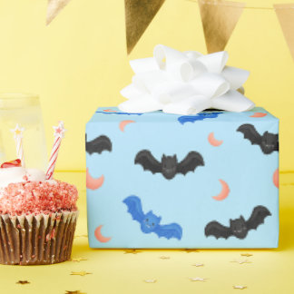 パステルブルーのコウモリ かわいい子供の誕生日パターン ラッピングペーパー