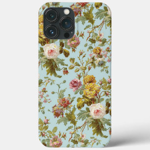 パステルブルーのシックなピンクのバラの花アートパターン iPhone 13 PRO MAXケース