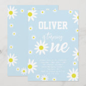 パステルブルーのデイジー 1歳の誕生日パーティー ボヘミアンホワイト 招待状 (正面/裏面)