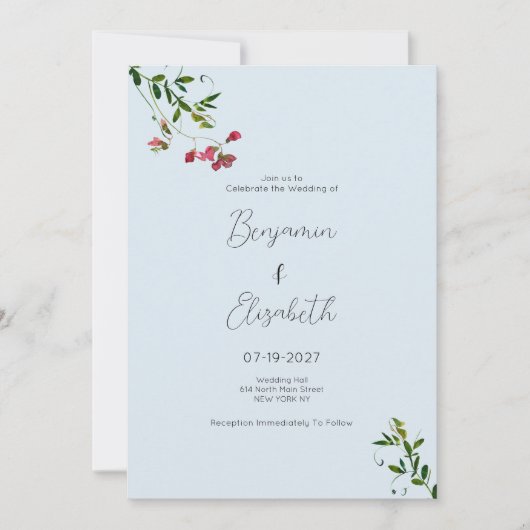 パステルブルーのピンクの赤い緑の花結婚式 招待状 (正面)