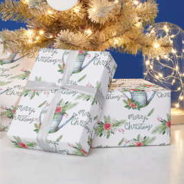 パステルブルーのブラッシュスクリプトのメリークリスマスフラワー ラッピングペーパー