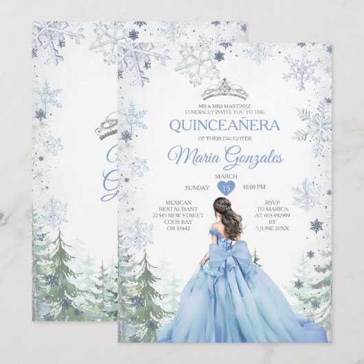 パステルブルーのプリンセス ウィンター フォレスト キンセアニエラ 招待状 (正面/裏面)