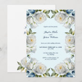 パステルブルーのホワイトローズの花枠が付いたクラシックな結婚式の招待状 招待状 (正面/裏面)