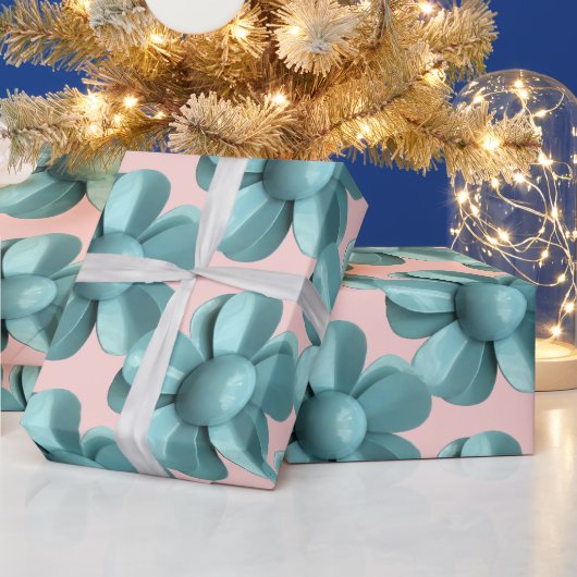 パステルブルーのレトロなダイシーMODフラワーウェディングピンク ラッピングペーパー (クリスマス)