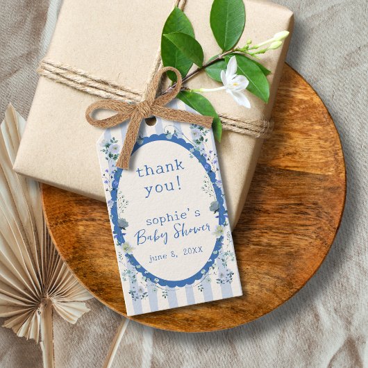 パステルブルーのヴィンテージストライプガーデン  ベイビーシャワー ギフトタグ