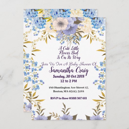 パステルブルーの小さな花の芽のフラワーベイビーシャワー 招待状 (正面/裏面)