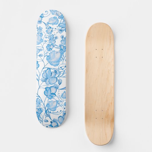 パステルブルーの水の色の手の花絵を描モダンの色 スケートボード (正面)