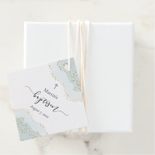 パステルブルーの水彩色 |金ゴールドフェイクグリッターバプテスマ フェイバータグ (インサイチュ)
