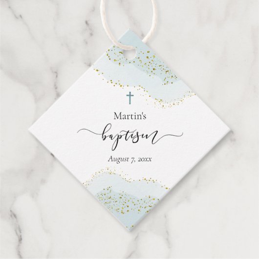 パステルブルーの水彩色 |金ゴールドフェイクグリッターバプテスマ フェイバータグ (正面)