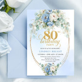 パステルブルーの芍薬とグリーンを使ったボヘミアン風80歳の誕生日招待状 招待状