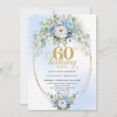 パステルブルーの芍薬 ゴールド 60歳の誕生日招待状 招待状 (正面)