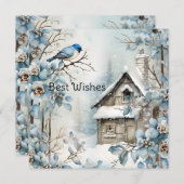 パステルブルーの花と鳥と古い家とクリスマス シーズンカード (正面/裏面)