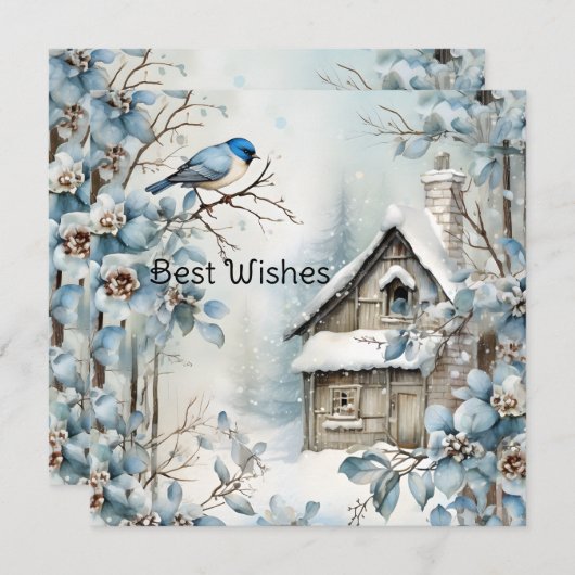 パステルブルーの花と鳥と古い家とクリスマス シーズンカード (正面/裏面)