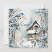 パステルブルーの花と鳥と古い家とクリスマス シーズンカード (正面)