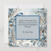 パステルブルーの花と鳥と古い家とクリスマス シーズンカード (裏面)