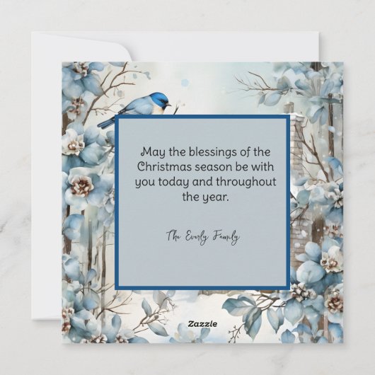 パステルブルーの花と鳥と古い家とクリスマス シーズンカード (裏面)