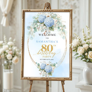 パステルブルーの花のユーカリ80歳の誕生日おめでとう ポスター