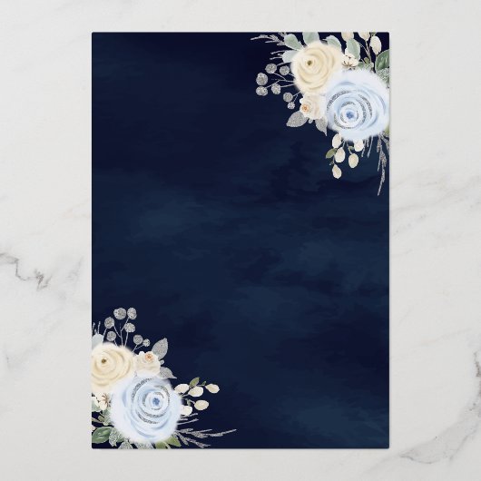 パステルブルーの花柄のドレス ネイビー クイーンセラ 金 箔招待状 (裏面)