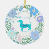 パステルブルーの花柄ダックスフンドカスタム写真メモリアル セラミックオーナメント (正面)