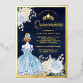 パステルブルーの花柄ドレス ネイビー キンセアニェーラ ゴールド 箔招待状 (正面)
