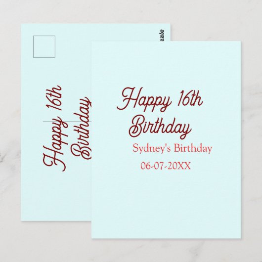 パステルブルーの赤い幸せな16歳の誕生日名前日付エレガント ポストカード (正面/裏面)