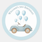 パステルブルーの車と風船の誕生日パーティーシール ラウンドシール (正面)