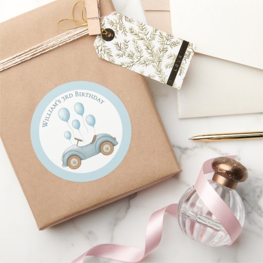 パステルブルーの車と風船の誕生日パーティーシール ラウンドシール (ギフト)