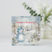 パステルブルーの雪だるまと古い教会の冬の風景 シーズンカード (スタンド正面)