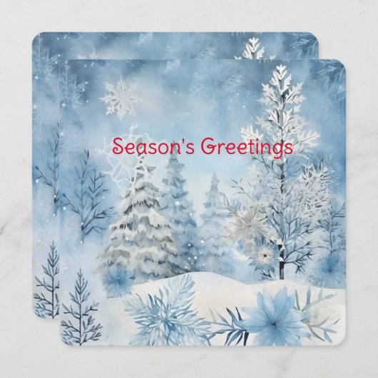 パステルブルーの雪の森の風景 クリスマス シーズンカード (正面/裏面)