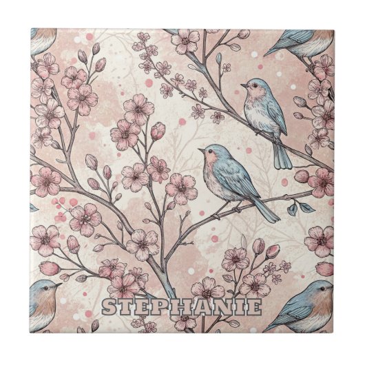 パステルブルーの鳥とピンクの桜の花 タイル (正面)