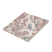 パステルブルーの鳥とピンクの桜の花 タイル (側面)