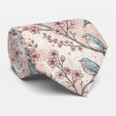 パステルブルーの鳥とピンクの桜の花 ネクタイ (ロール)