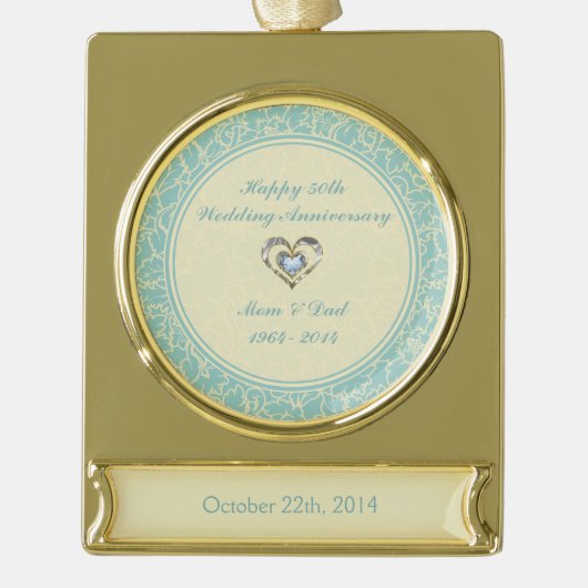 パステルブルーアンドクレメフローラダマスク ゴールドプレートバナーオーナメント (正面)